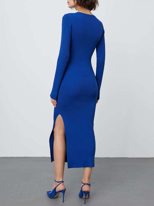 Round Neck Slit Sweater Dress - Trendsi - Flyclothing LLC