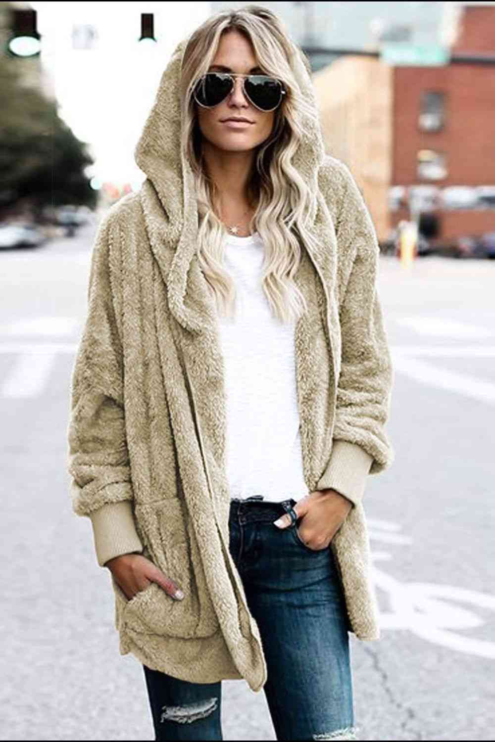 Teddy Hooded Jacket with Pockets - Trendsi - Flyclothing LLC