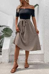 Printed Tie Belt Off-Shoulder Dress - Trendsi - Flyclothing LLC