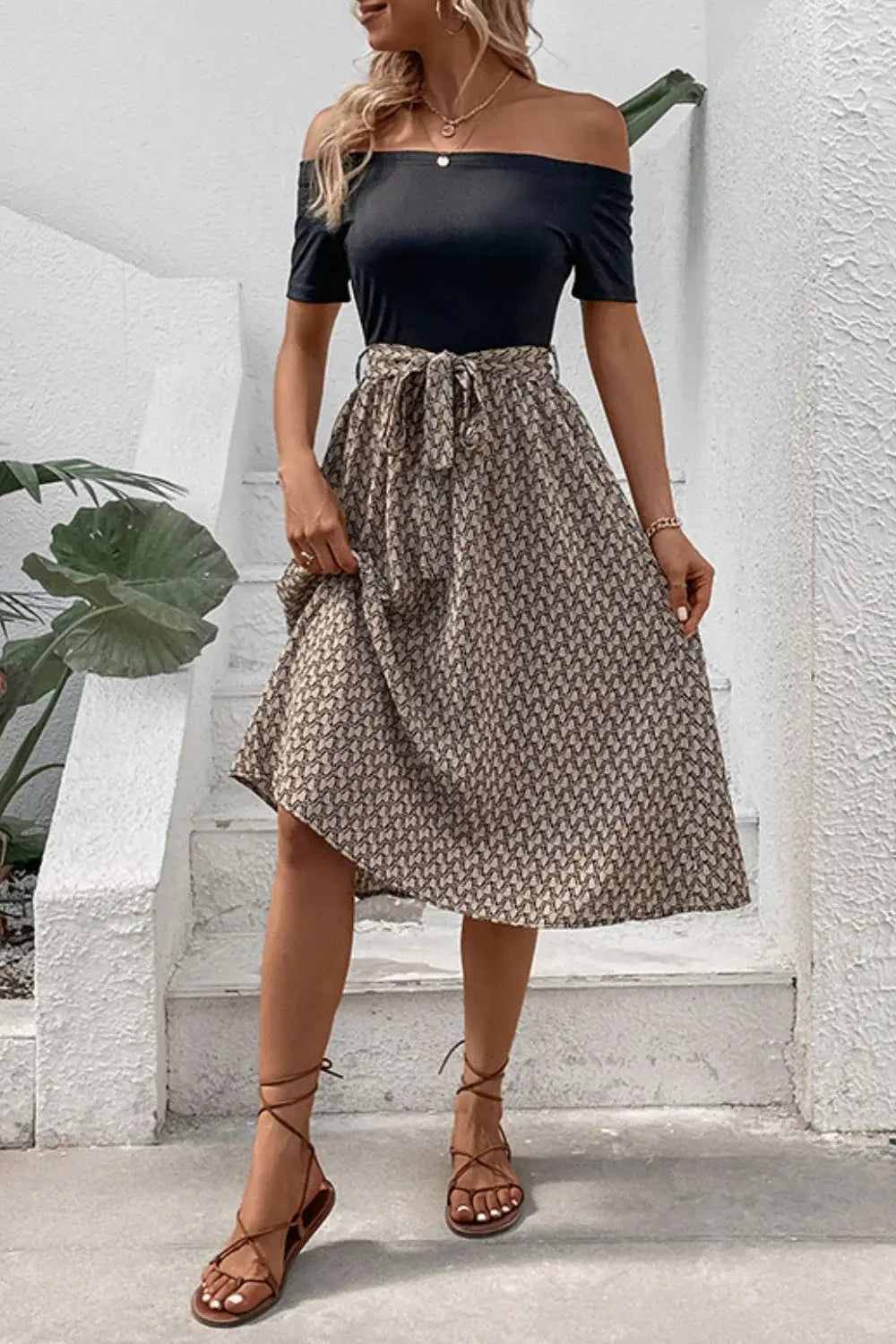Printed Tie Belt Off-Shoulder Dress - Trendsi - Flyclothing LLC