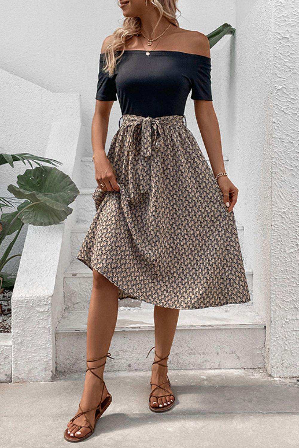 Printed Tie Belt Off-Shoulder Dress - Trendsi - Flyclothing LLC