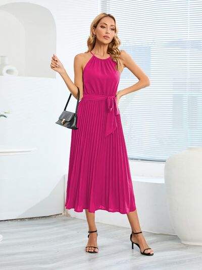 Pleated Spaghetti Strap Tie Waist Midi Dress - Trendsi - Flyclothing LLC
