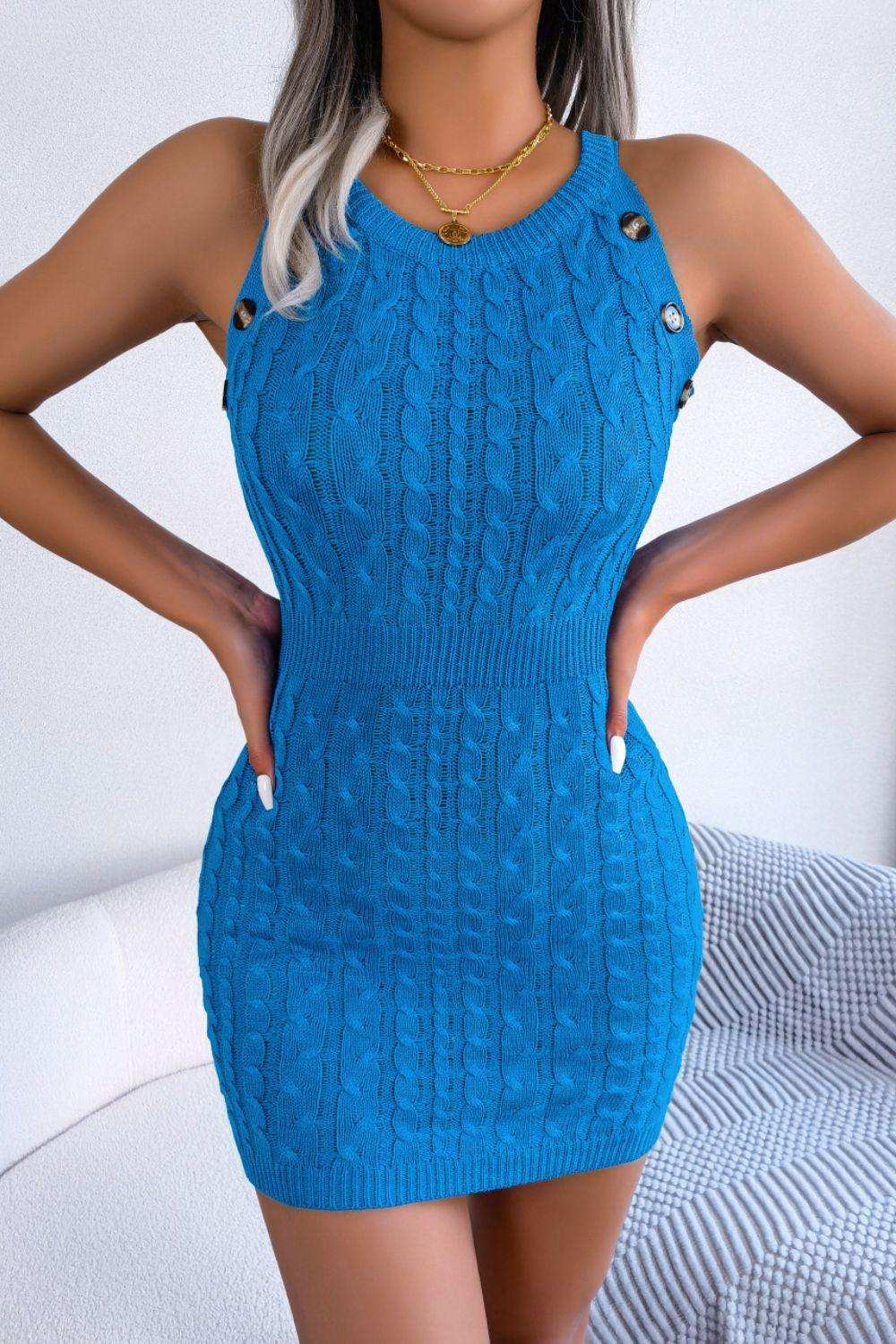 Decorative Button Sleeveless Cable-Knit Dress - Trendsi