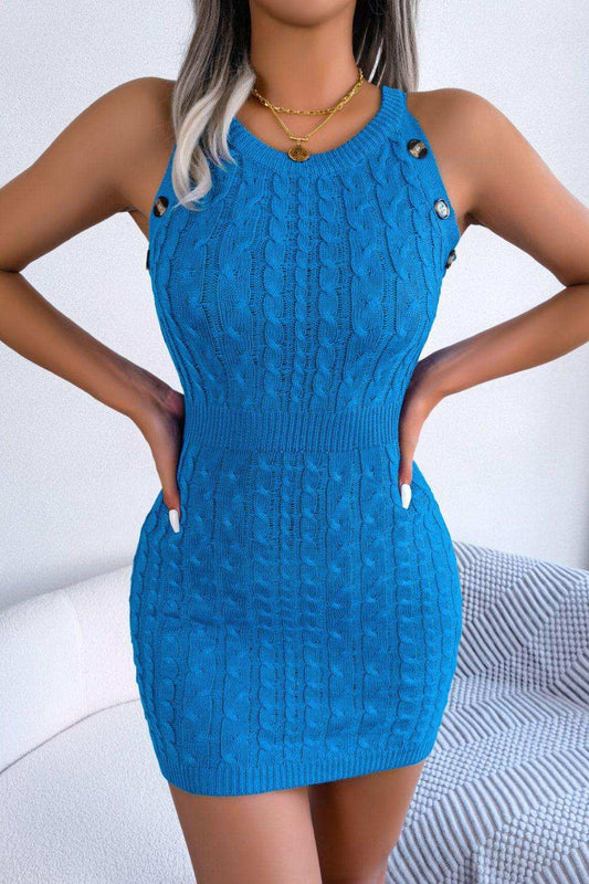 Decorative Button Sleeveless Cable-Knit Dress - Trendsi - Flyclothing LLC