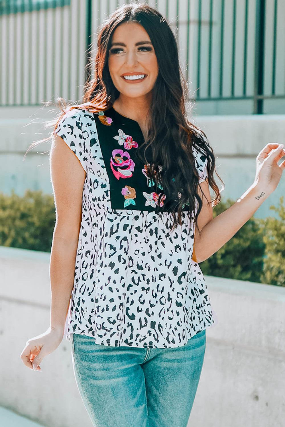 Leopard Notched Neck Short Sleeve Tee - Trendsi
