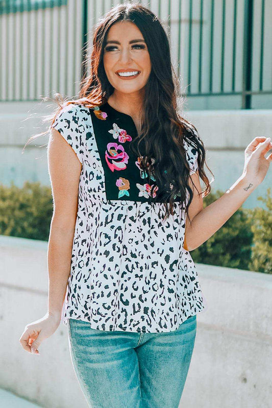 Leopard Notched Neck Short Sleeve Tee - Trendsi - Flyclothing LLC