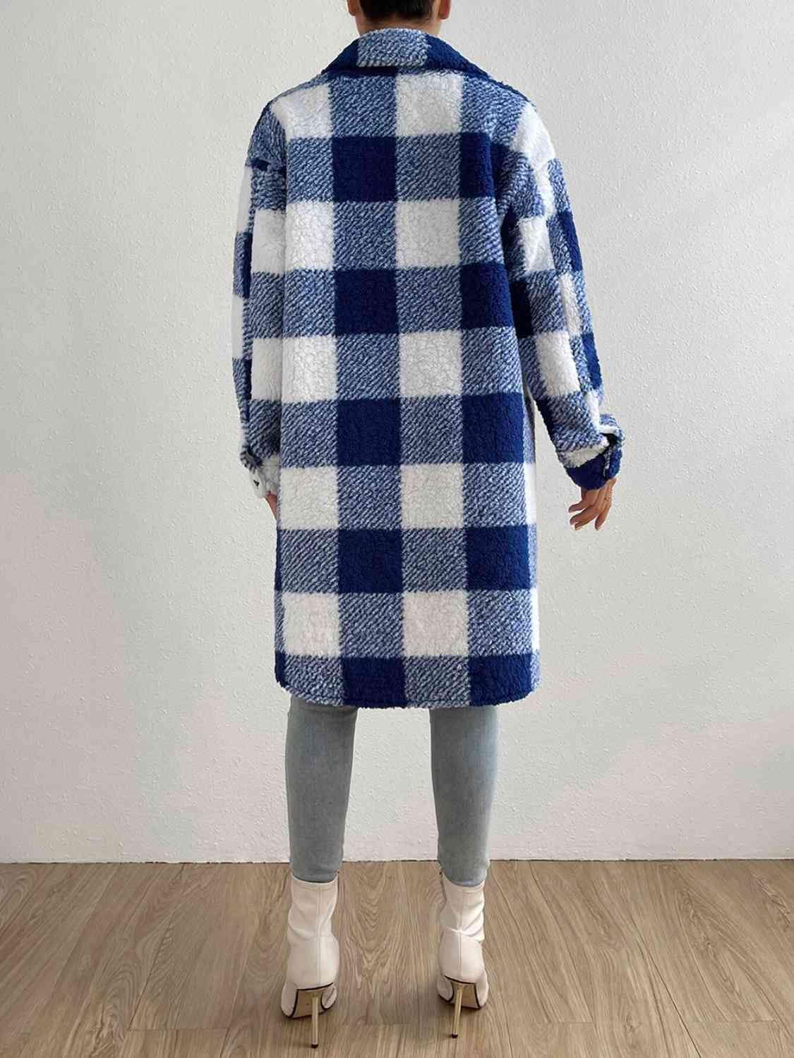 Plaid Collared Neck Button Down Coat - Trendsi