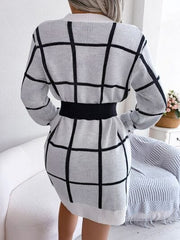 Plaid Round Neck Dropped Shoulder Sweater Dress - Trendsi