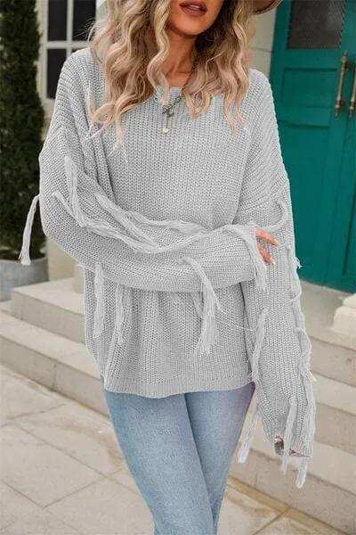 Fringe Round Neck Dropped Shoulder Sweater - Trendsi - Flyclothing LLC
