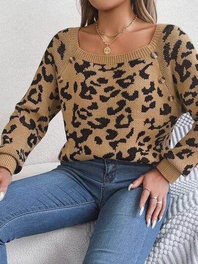 Leopard Buttoned Square Neck Sweater - Trendsi - Flyclothing LLC