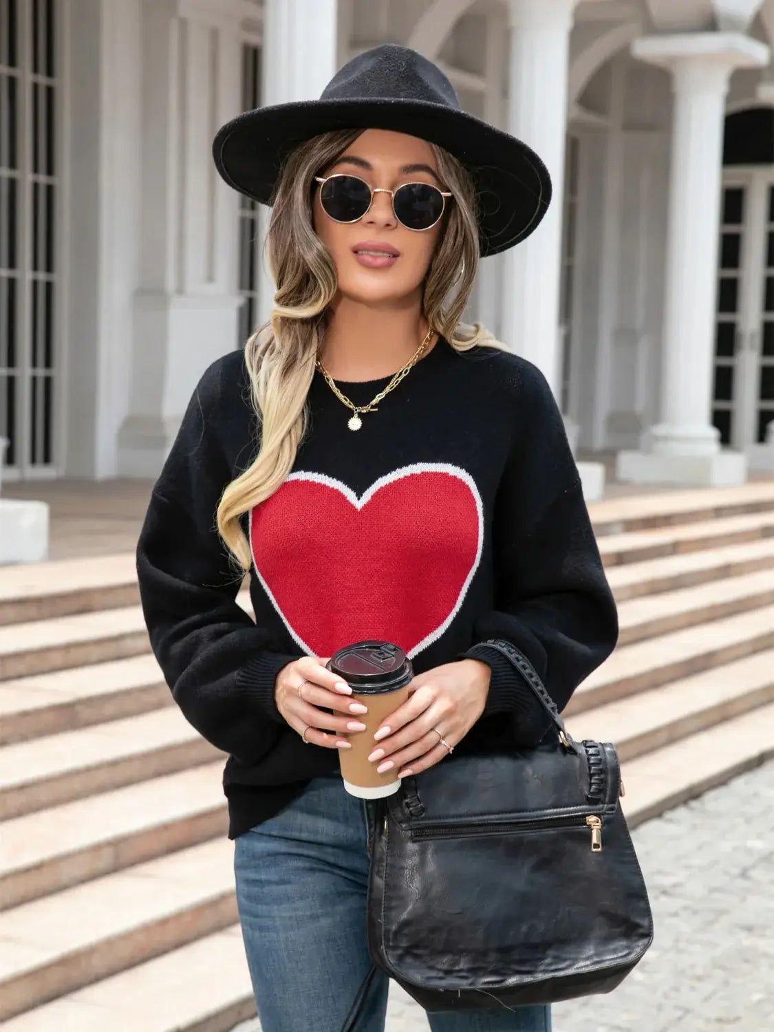 Heart Graphic Round Neck Sweater - Trendsi - Flyclothing LLC