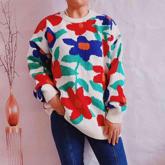 Floral Print Round Neck Drop Shoulder Sweater - Trendsi