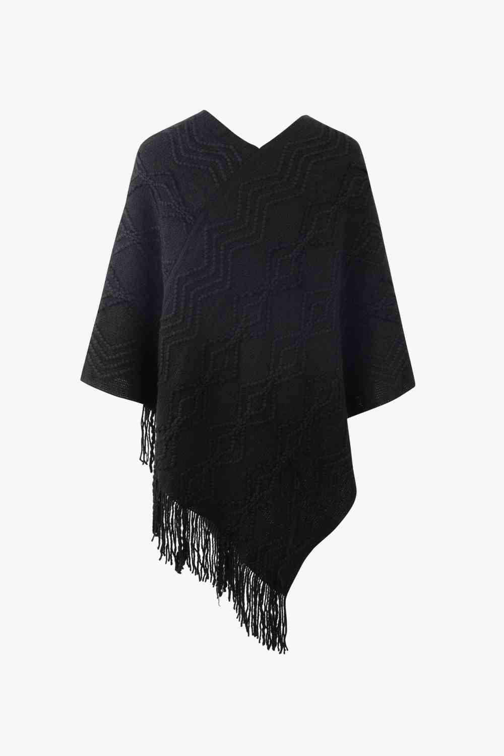 Pearl Trim V-Neck Fringe Hem Poncho - Trendsi - Flyclothing LLC