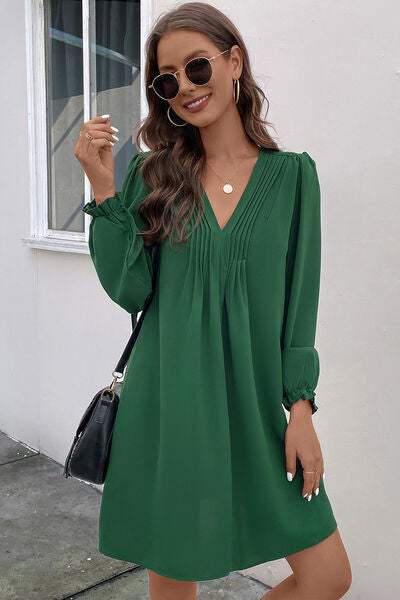 Ruched V-Neck Flounce Sleeve Dress - Trendsi - Flyclothing LLC