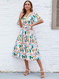 Printed Tie-Waist V-Neck Flutter Sleeve Dress - Trendsi