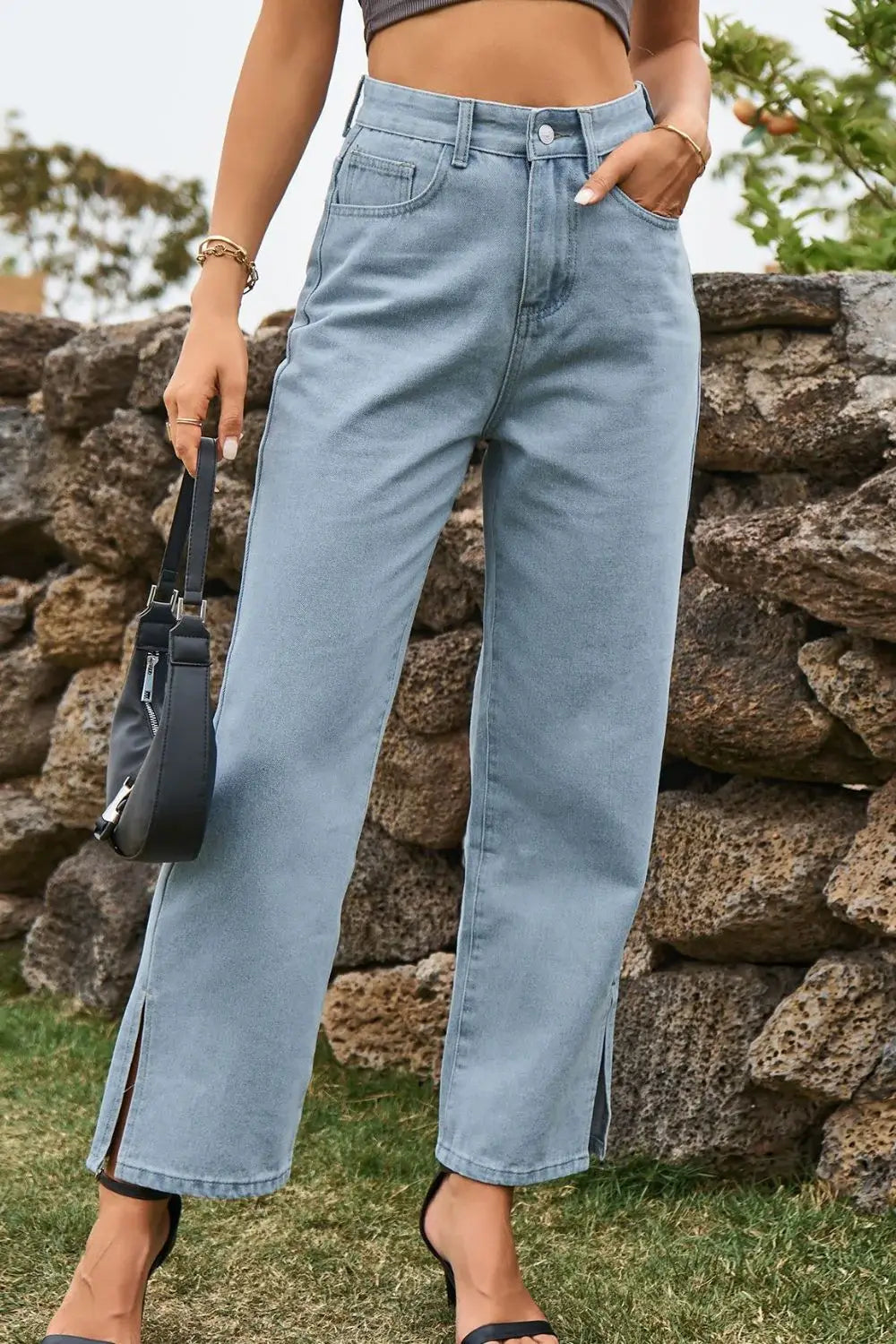 High Waist Loose Fit Ankle Slit Jeans - Trendsi - Flyclothing LLC