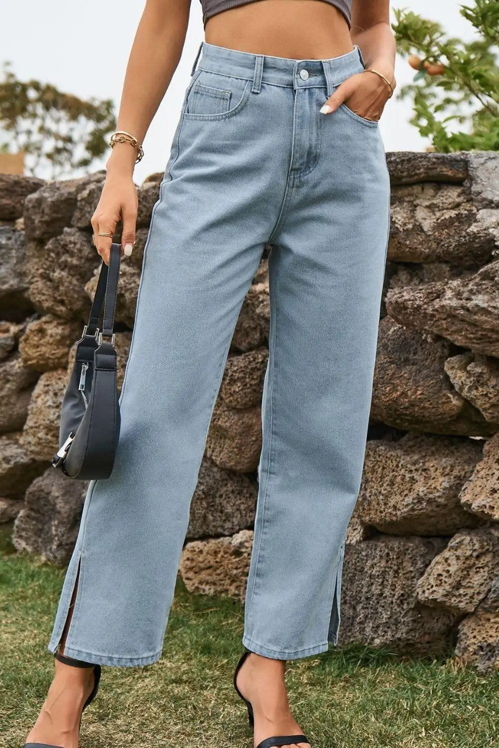 High Waist Loose Fit Ankle Slit Jeans - Trendsi