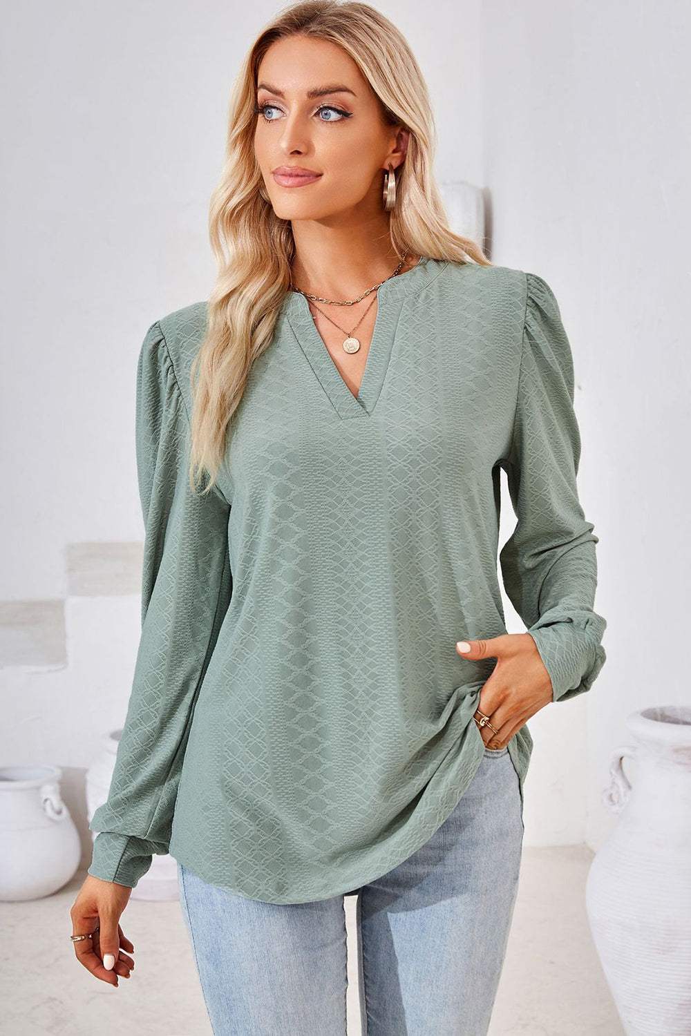 Notched Long Sleeve T-Shirt - Trendsi - Flyclothing LLC
