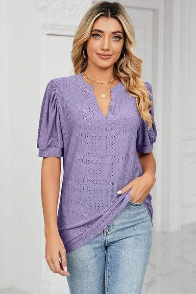 Eyelet Notched Short Sleeve T-Shirt - Trendsi - Flyclothing LLC