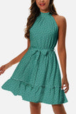 Printed Tie Waist Frill Trim Dress - Trendsi - Flyclothing LLC
