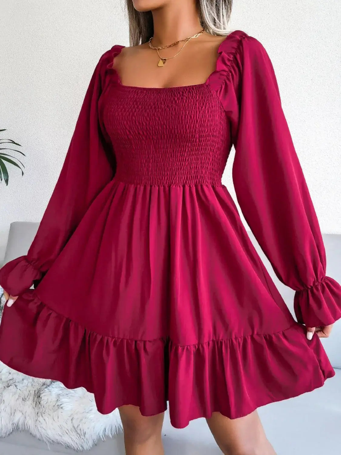 Smocked Flounce Sleeve Square Neck Dress - Trendsi - Flyclothing LLC