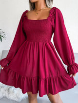 Smocked Flounce Sleeve Square Neck Dress - Trendsi - Flyclothing LLC