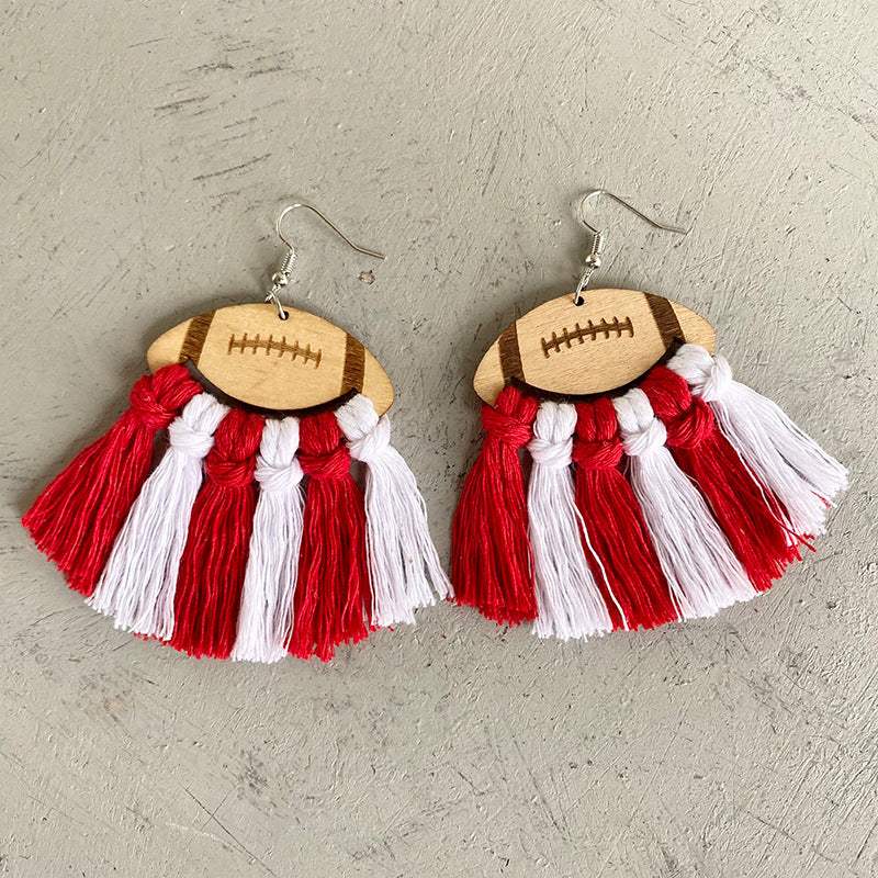 Fringe Detail Football Shape Wooden Dangle Earrings - Trendsi - Flyclothing LLC