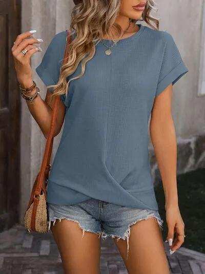 Cable-Knit Round Neck Short Sleeve T-Shirt - Trendsi - Flyclothing LLC