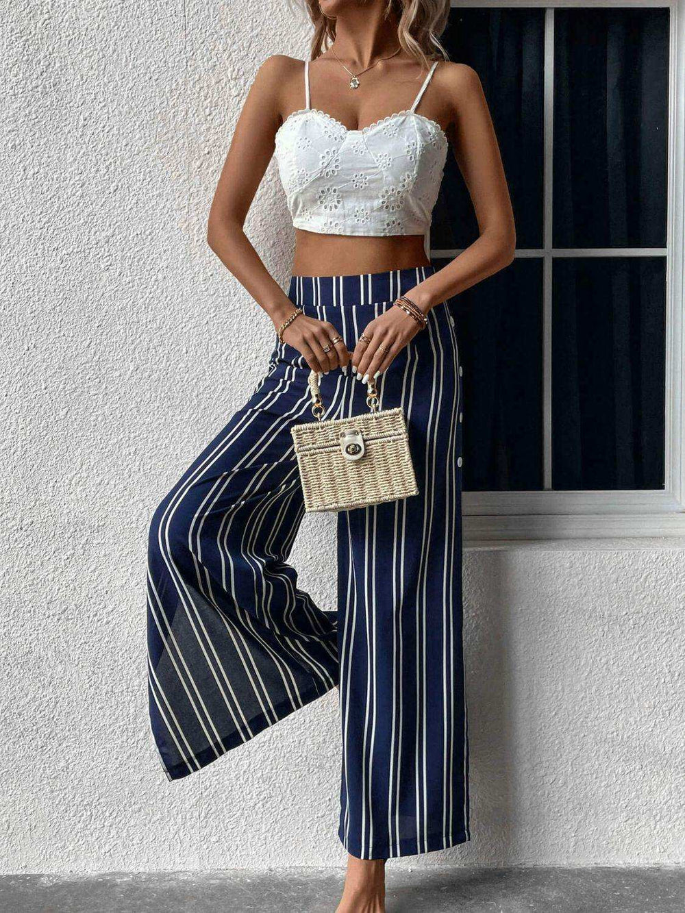 Striped Slit Wide Leg Pants - Trendsi - Flyclothing LLC