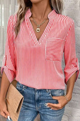 Striped Notched Roll-Tab Sleeve Shirt - Flyclothing LLC