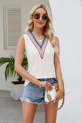 Contrast V-Neck Eyelet Tank - Trendsi - Flyclothing LLC