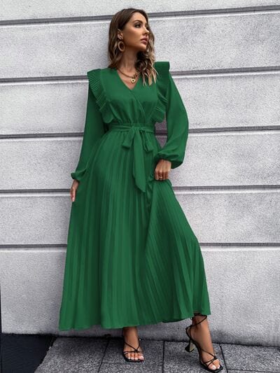 Pleated Surplice Tie Waist Maxi Dress - Trendsi