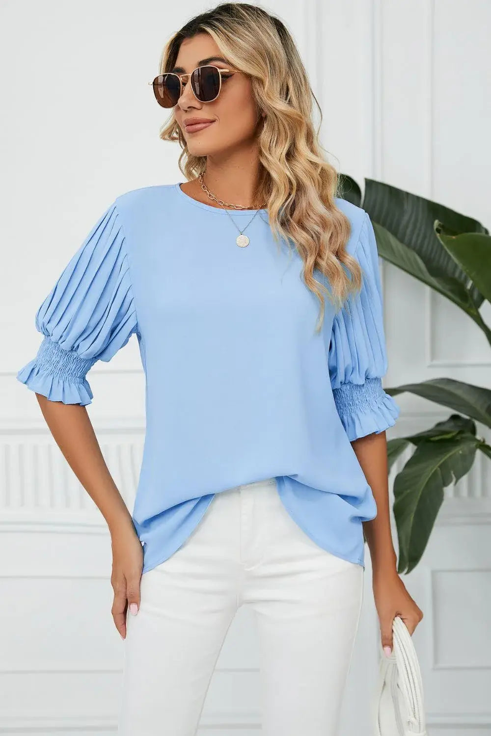 Pleated Flounce Sleeve Keyhole Blouse - Trendsi - Flyclothing LLC