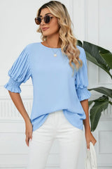 Pleated Flounce Sleeve Keyhole Blouse - Trendsi - Flyclothing LLC