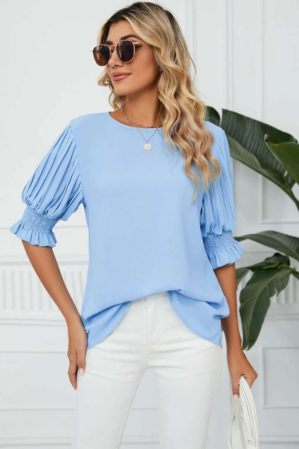 Pleated Flounce Sleeve Keyhole Blouse - Trendsi - Flyclothing LLC