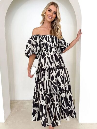 Printed Smocked Off-Shoulder Tiered Dress - Trendsi
