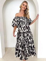Printed Smocked Off-Shoulder Tiered Dress - Trendsi