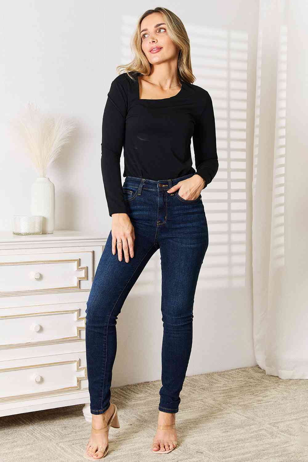 Basic Bae Asymmetrical Neck Long Sleeve Top - Trendsi - Flyclothing LLC