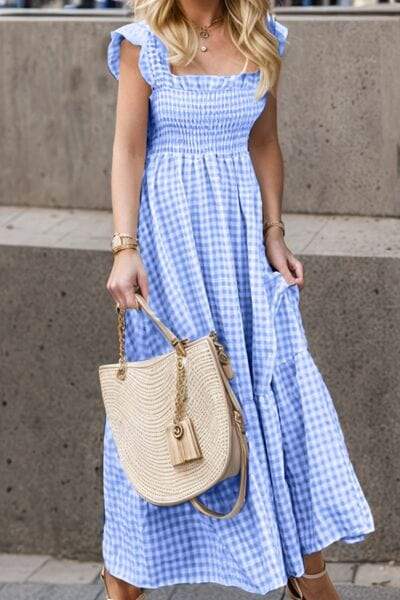 Full Size Smocked Ruffled Plaid Ruffle Hem Dress - Trendsi - Flyclothing LLC