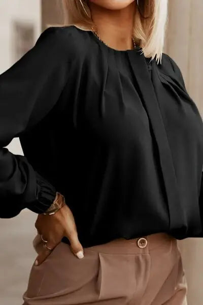 Button Up Round Neck Long Sleeve Shirt - Trendsi - Flyclothing LLC