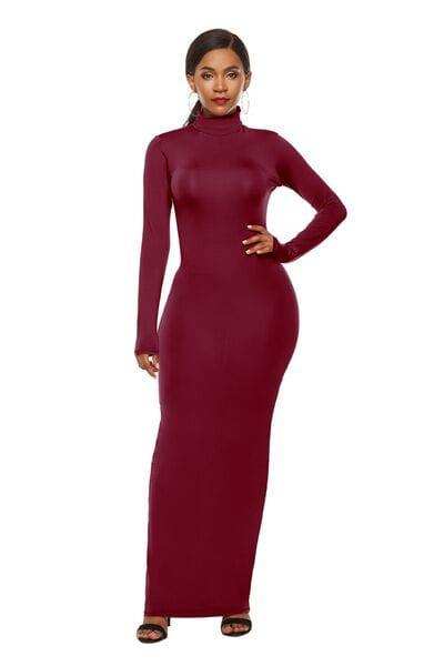 Mock Neck Long Sleeve Maxi Slim Dress - Trendsi - Flyclothing LLC