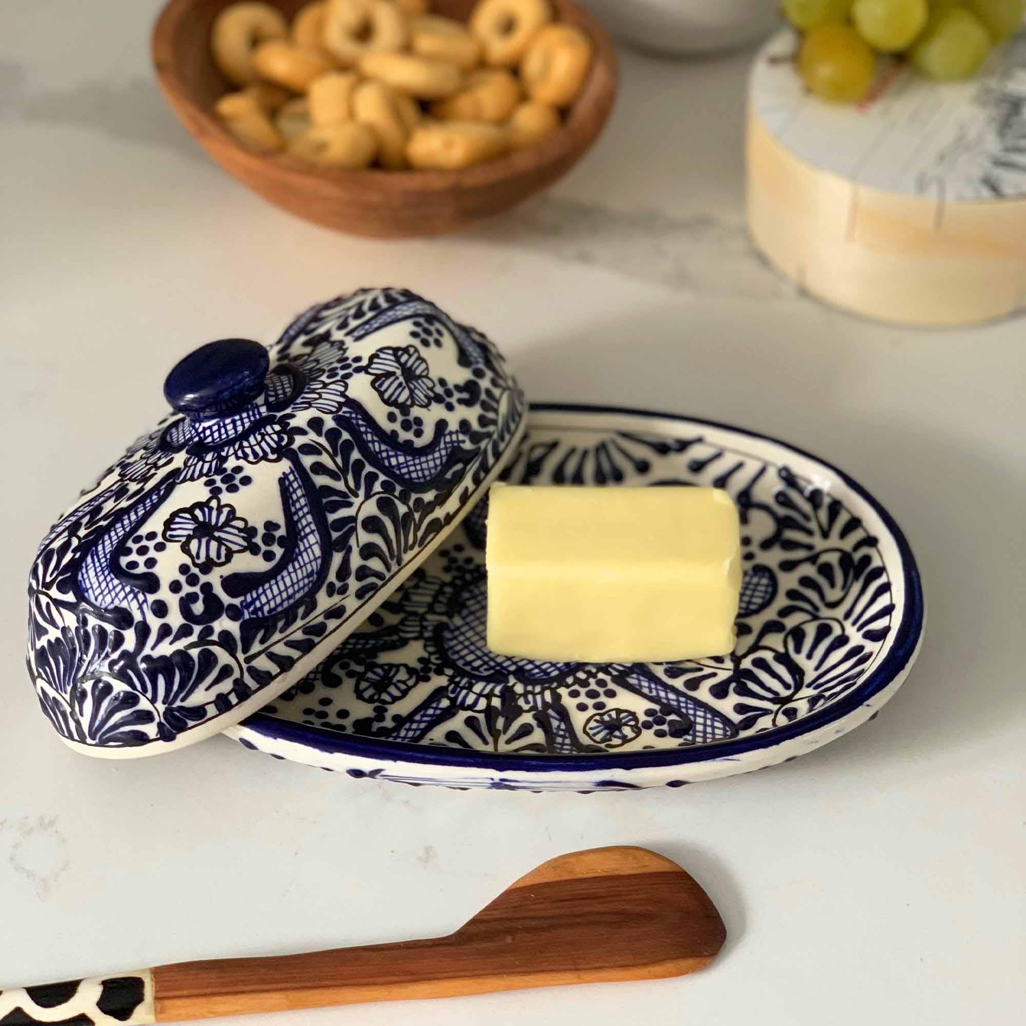Handmade Pottery Butter Dish, Blue Flower - Encantada - Encantada
