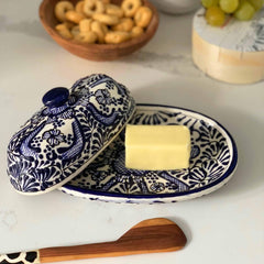 Handmade Pottery Butter Dish, Blue Flower - Encantada - Encantada