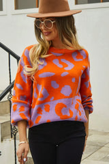 Leopard Round Neck Dropped Shoulder Sweater - Trendsi - Flyclothing LLC