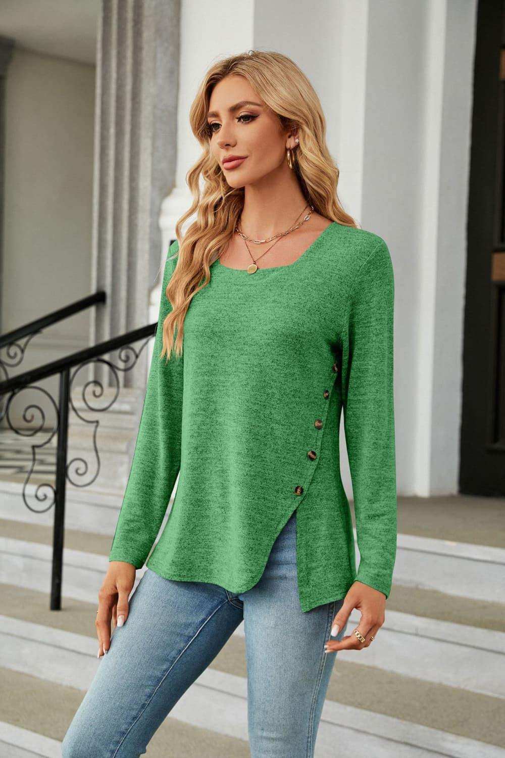 Square Neck Long Sleeve Slit T-Shirt - Trendsi - Flyclothing LLC