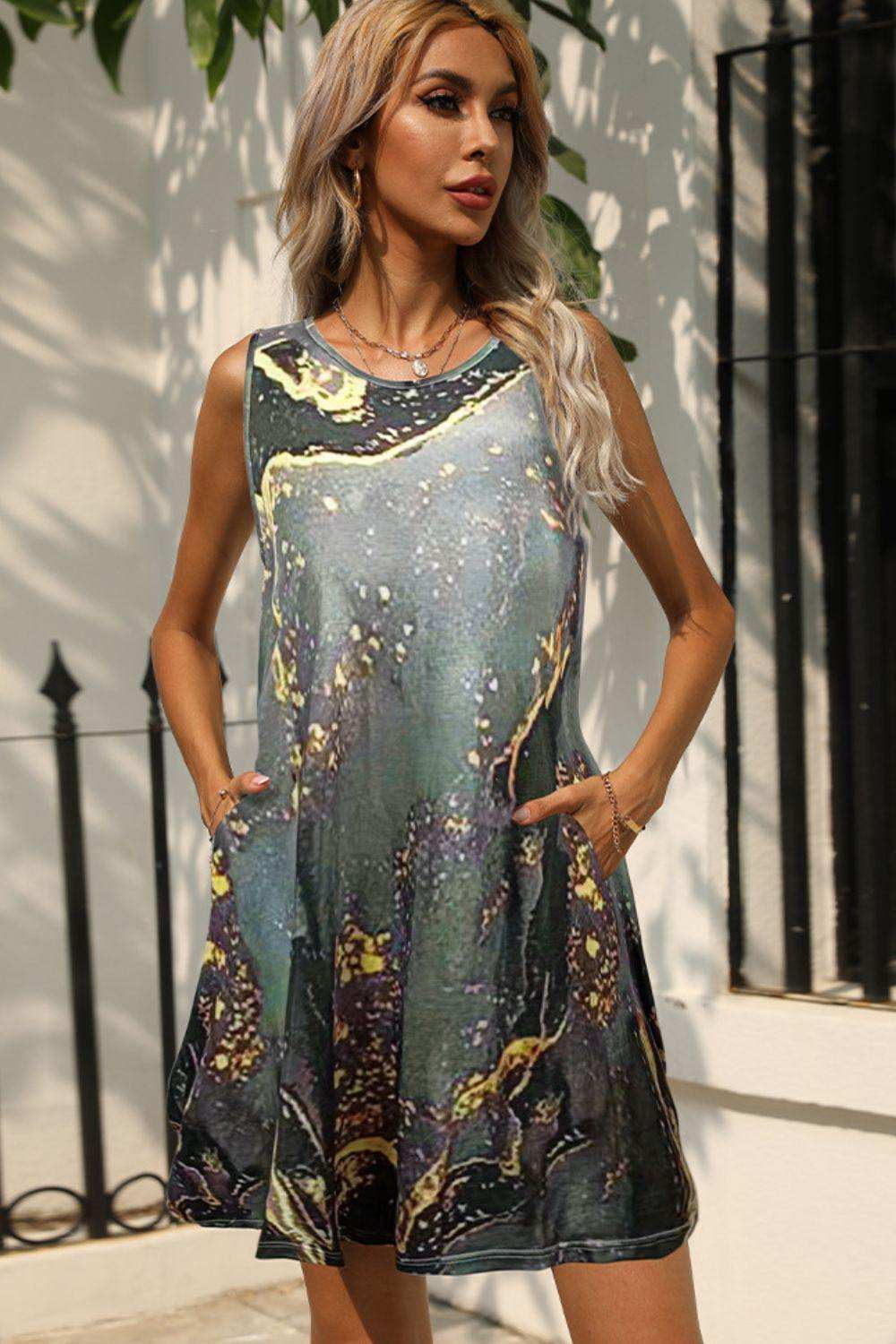 Abstract Print Round Neck Sleeveless Dress with Pockets - Trendsi - Flyclothing LLC
