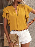 Ruffled Notched Short Sleeve Blouse - Trendsi - Flyclothing LLC