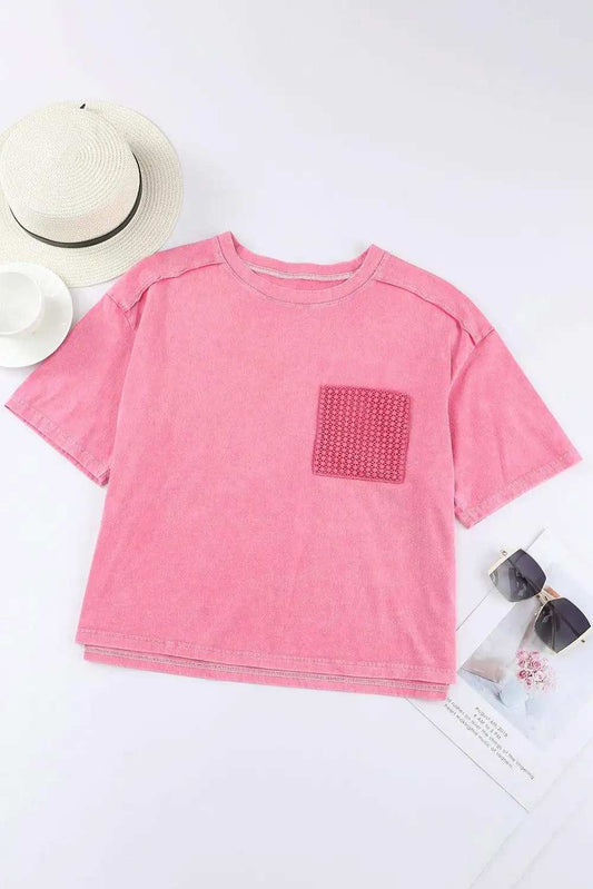 Round Neck Dropped Shoulder Top with Pocket - Trendsi - Flyclothing LLC