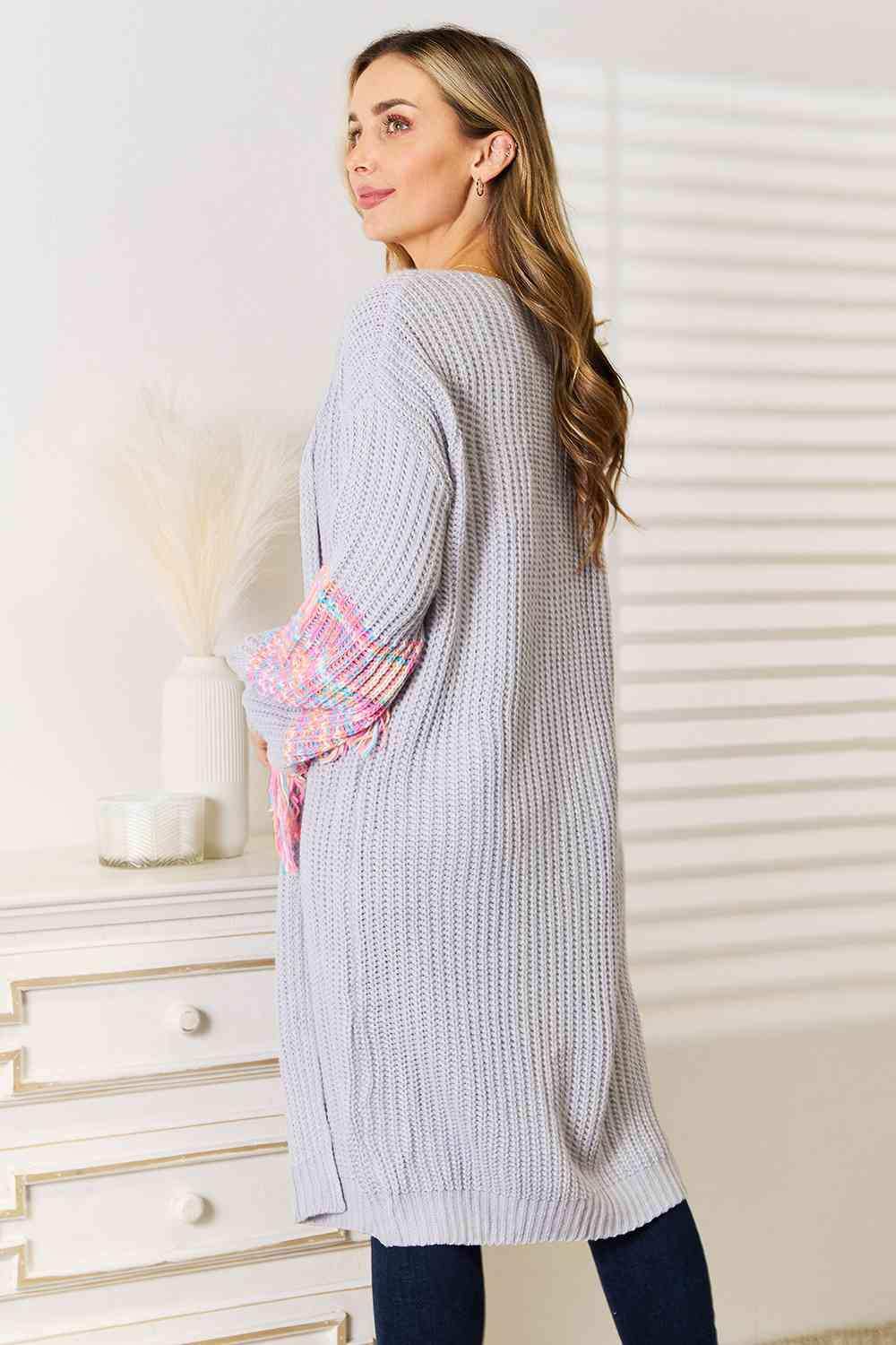 Woven Right Fringe Sleeve Dropped Shoulder Cardigan - Trendsi - Flyclothing LLC