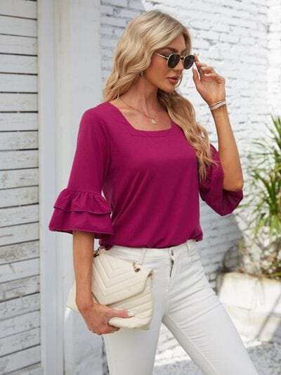 Ruffled Suqare Neck Half Sleeve Blouse - Trendsi - Flyclothing LLC